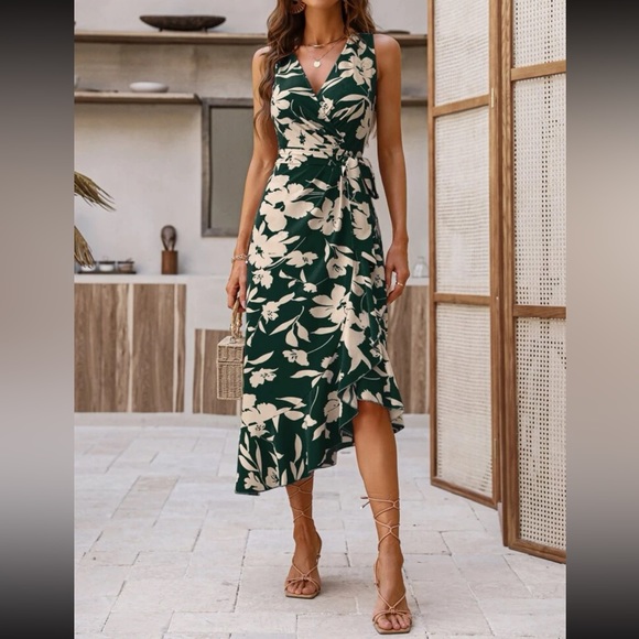 Boho floral print ruffle trim wrap knot dress - Picture 5 of 6